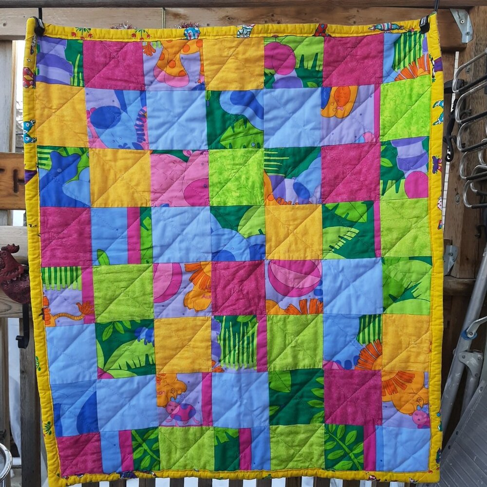 Handmade Fabric Baby Quilt Hand Quilted Cotton 30" x 34"